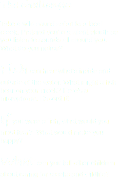 The challenge: Take a wild sound safari to a local creek. Pretend you're a silent sleuth as you listen to sounds all around you. What do you notice? Fish can hear what's inside and outside of the water. What might a fish hear on your creek? Here's a microphone. Record it! If you were a fish, what would you most fear? What would make you happy? What can you tell other children about caring for creeks and wildlife?